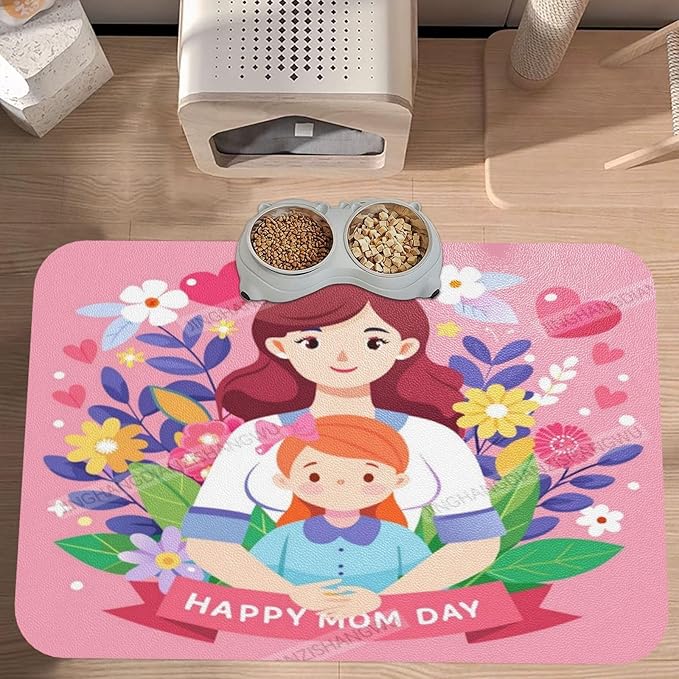 Non Slip Mat for Dog Pet Cat Dog Food Mats Happy Mother's Day Floral Gift for Mom Family Bb Water Bowl Mat Quick Dry Absorbent Cat Feeding Mats 18X12In