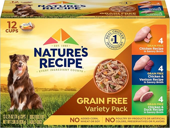Nature's Recipe Grain Free Chicken Recipe, Chicken & Venison Recipe and Chicken & Duck Recipe in Savory Broth Variety Pack Wet Dog Food, 12-2.75 oz. Cups, 2 Count (Pack of 2)