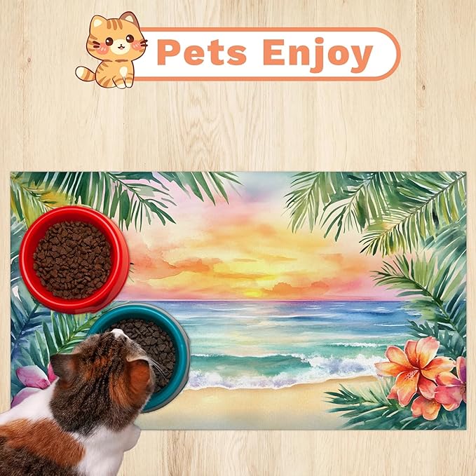 Tropical Flower Dog Food Mat for Floors Absorbent, Quick Dry Water Dispenser Mat for Food, Water, Pet Supplies 12" x 20", Summer Hawaii