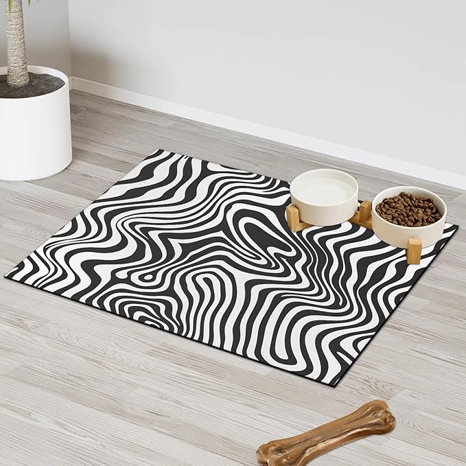Zebra Print Dog Food Mat for Floors Absorbent Dog Bowl Mat for Food and Water Dispenser Quick Dry Cat Food Placemat Pet Supplies 16" x 24", Black White Striped