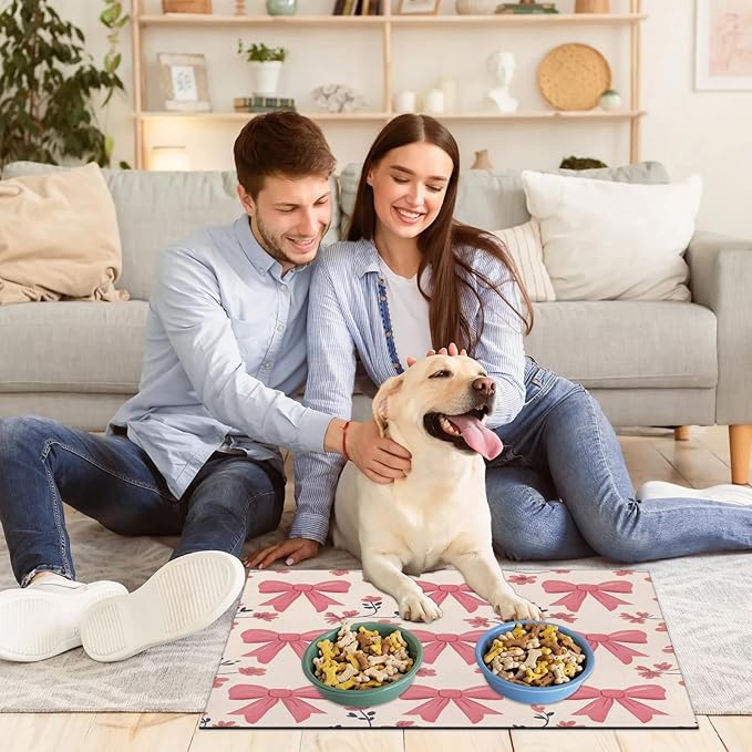Pink Bow Dog Food Mat for Floors Absorbent, Quick Dry Water Dispenser Mat for Food, Water, Pet Supplies 17" x 30", Flower
