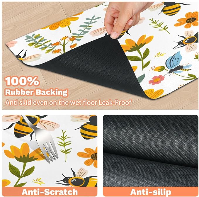Spring Flower Dog Food Mat for Floors Absorbent, Quick Dry Water Dispenser Mat for Food, Water, Pet Supplies 12" x 20", Bee
