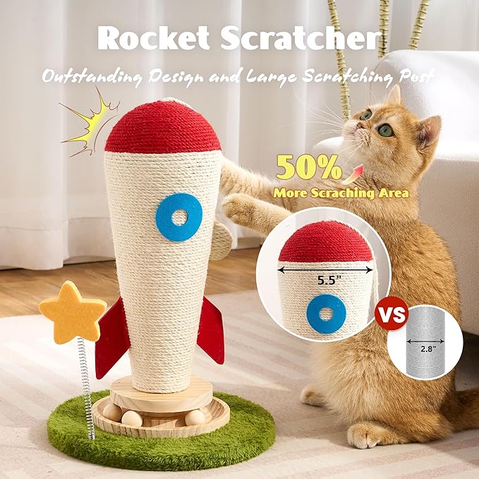 Cat Scratching Post, Rocket Cute Sisal Cat Scratcher with Durable Solid Wood Turntable Toy, Cat Scratch Post Red Cat Scratcher with Spinning Star Toy for Indoor Adult Cats