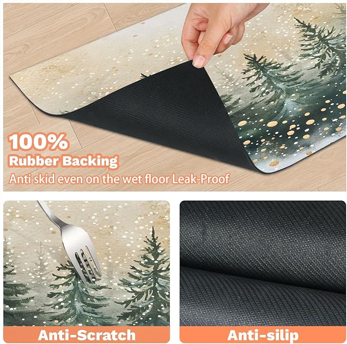 Christmas Tree Dog Food Mat for Floors Absorbent, Quick Dry Water Dispenser Mat for Food, Water, Pet Supplies 16" x 24", Winter Forest