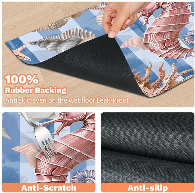 Shell Seahorse Dog Food Mat for Floors Absorbent Dog Bowl Mat for Food and Water Dispenser Quick Dry Cat Food Placemat Pet Supplies 24" x 32", Blue White Lines