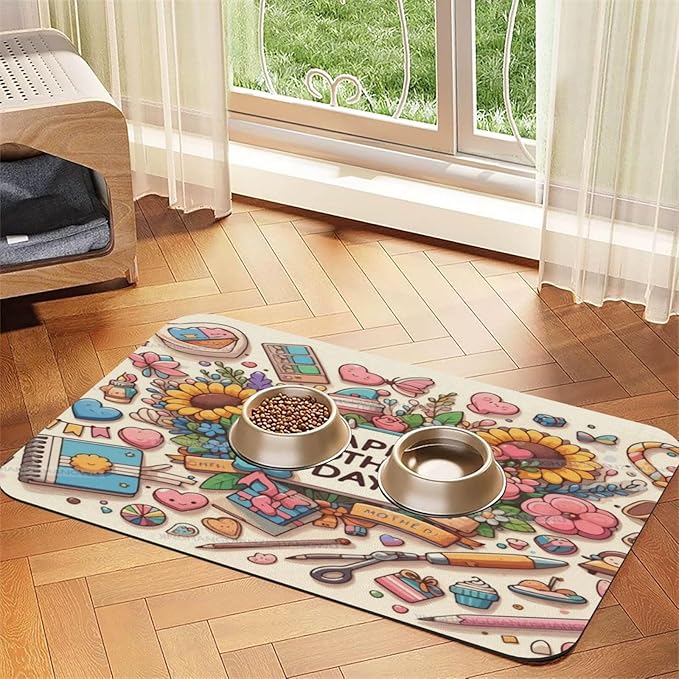Pet Feeding Mat Absorbent Dog Mat for Food Water Bowl No Stains Quick Dry Water Dispenser Mats Happy Mother's Day Sunflower Gift Mom Dp Dog Accessories Pet Supplies Bowl for Messy Drinkers 18X12In
