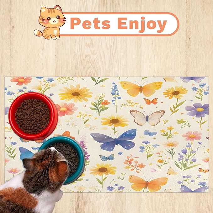 Butterfly Flower Dog Food Mat for Floors Absorbent, Quick Dry Water Dispenser Mat for Food, Water, Pet Supplies 12" x 20", Colorful Floral
