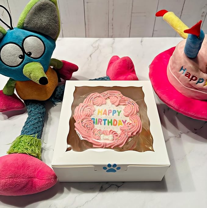 Pink Shiba Big Dog Birthday Cake- Edible Puppy Party Crispy Vanilla Rice Cake, Yogurt Icing Perfect Dog Party Cake Boxed, Iced and Decorated
