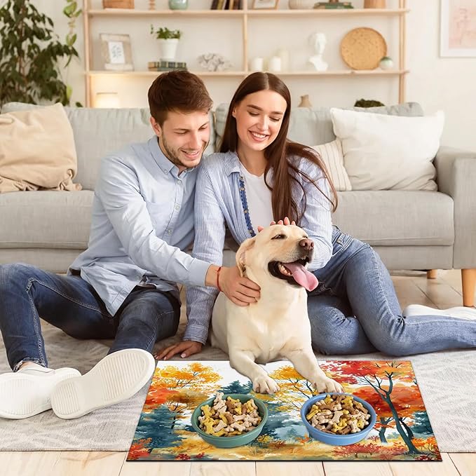 Fall Forest Dog Food Mat for Floors Absorbent, Quick Dry Water Dispenser Mat for Food, Water, Pet Supplies 12" x 20", Maple Tree