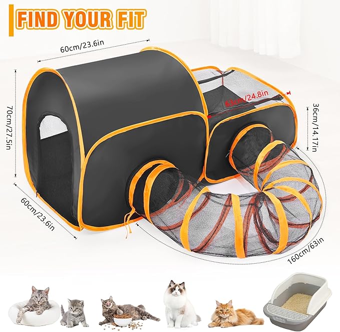 Portable Cat Playpen with Surround Tunnel, 2-Linked-Enclosed Areas, Ideal Cat Tent Outdoor or Cat Playpen for Indoor Cats Enclosed.Breathable Mesh Design for Indoor & Outdoor Use(Black)