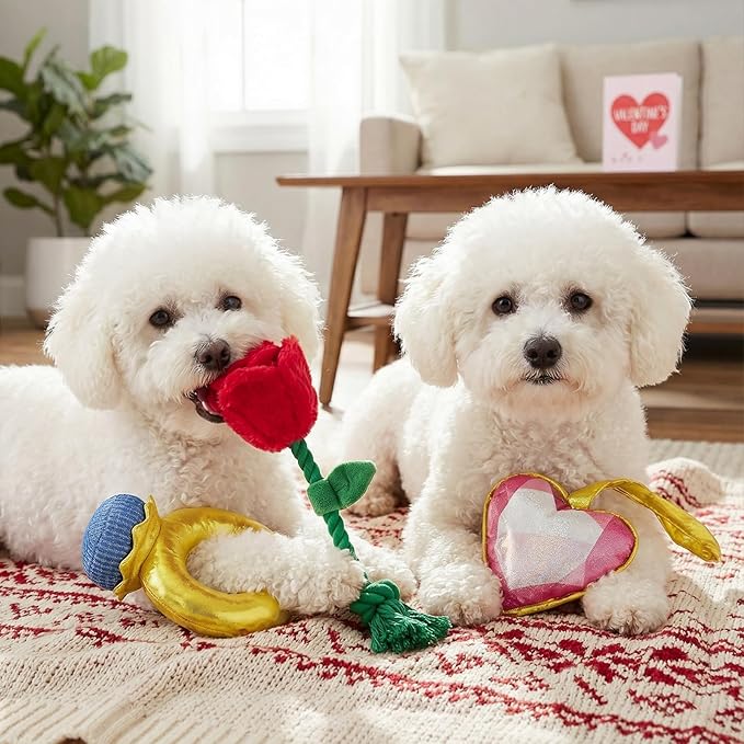 Vehomy Valentine's Day Dog Toys Set- Puppy Diamond Ring Toy with Squeaker Dog Crinkle Rose & Squeaky Love Heart Toys 3-Pack Valentines Pet Toy for Small Medium Dogs