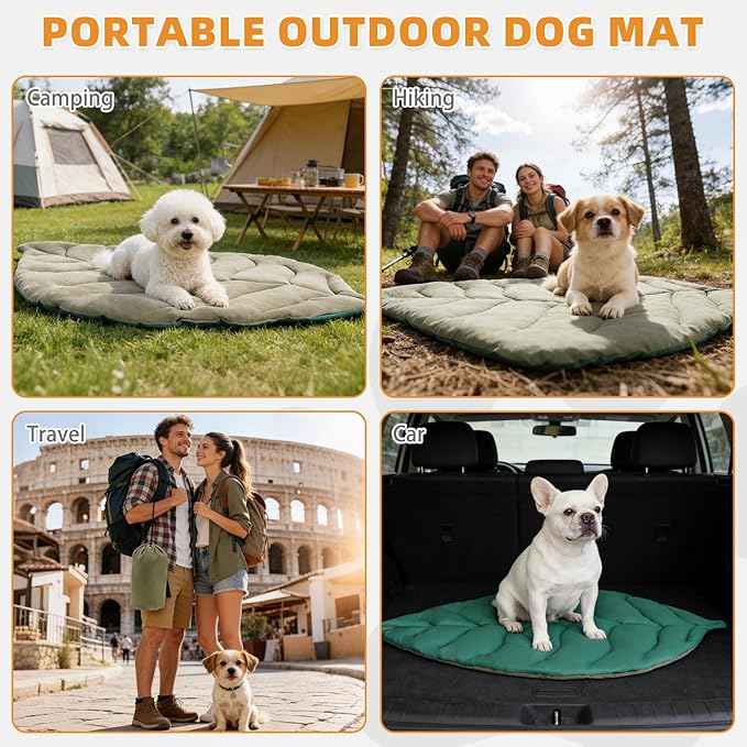 Outdoor Dog Travel Bed, Waterproof Reversible Leaf Mat for Small Medium Dogs Cats Camping, Road Trip, Portable Durable Pet Bed with Carry Bag, Washable Foldable Puppy Mat Indoor, 26x43in