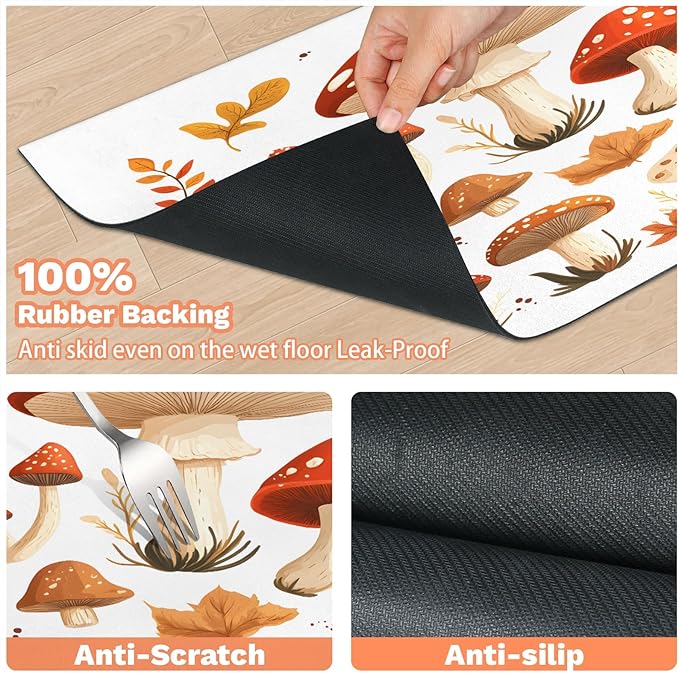 Retro Mushroom Dog Food Mat for Floors Absorbent Dog Bowl Mat for Food and Water Dispenser Quick Dry Cat Food Placemat Pet Supplies 17" x 30", Boho Leave