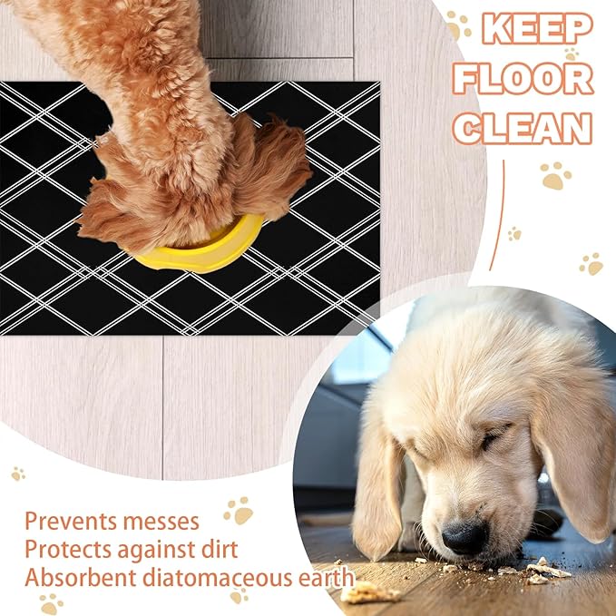 Buffalo Check Dog Food Mat for Floors Absorbent, Quick Dry Water Dispenser Mat for Food, Water, Pet Supplies 12" x 20", Black