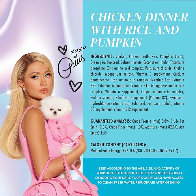 Weruva Paris Hilton Pamper Like Paris Natural Wet Dog Food, Chicken with Rice and Pumpkin, 2.75oz Cup (Pack of 10)