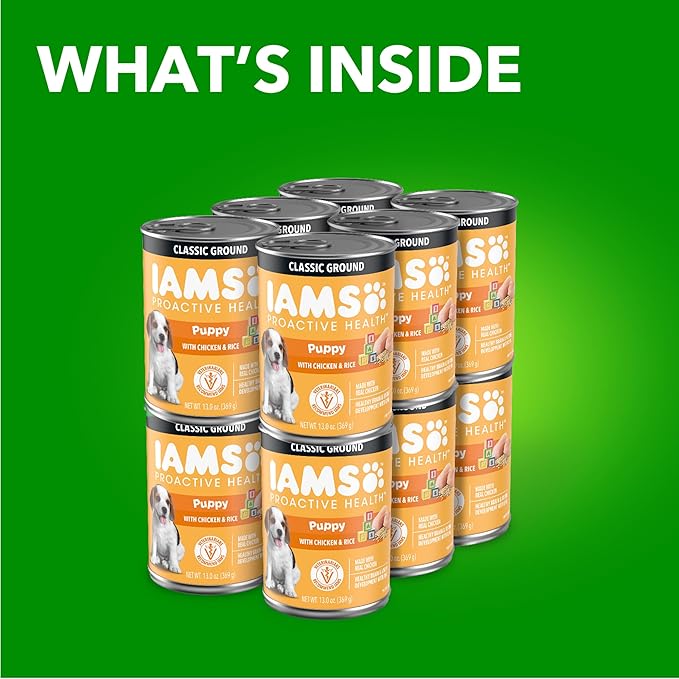 IAMS Proactive Health Puppy Wet Dog Food, Classic Ground Dog Wet Food, with Chicken and Rice, 13 oz. Cans (Pack of 12)
