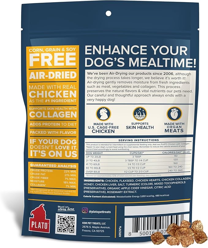 Plato Pet Treats Dog Food Toppers - Air-Dried Dog Food Toppers for Dry Food - with Collagen to Support Skin and Coat Health - Chicken and Collagen Recipe 12oz