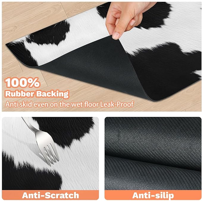 Milk Cow Print Dog Food Mat for Floors Absorbent Dog Bowl Mat for Food and Water Dispenser Quick Dry Cat Food Placemat Pet Supplies 24" x 32", Black White