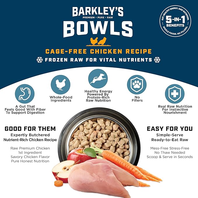 Barkley’s Bowls, Frozen Raw Chicken Dog Food, Fresh Whole Food Ingredients with Cage-Free Chicken, Grain Free, High Protein for Balanced Nutrition, Frozen Meals, Human Grade Ingredients, 4 lb (6 Pack)