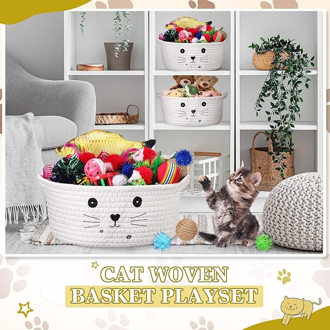 Zopeal 58 Pcs Easter Cat Storage Basket Gift Toys Set, Colorful Flashing Balls Pet Bell Crinkle Balls Spring Toys Attract Cat to Swat, Hunt, Interactive for Pet(White,9.8 Inch)