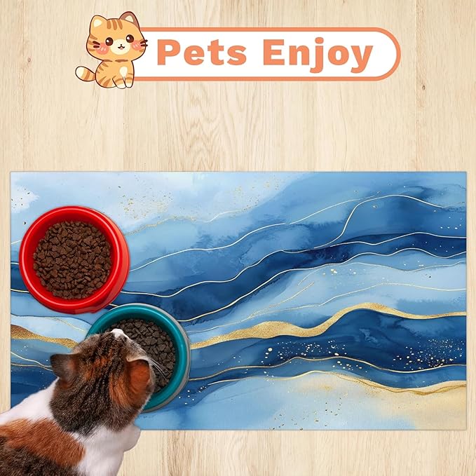 Marble Dog Food Mat for Floors Absorbent, Quick Dry Water Dispenser Mat for Food, Water, Pet Supplies 16" x 24", Blue Gold Abstract