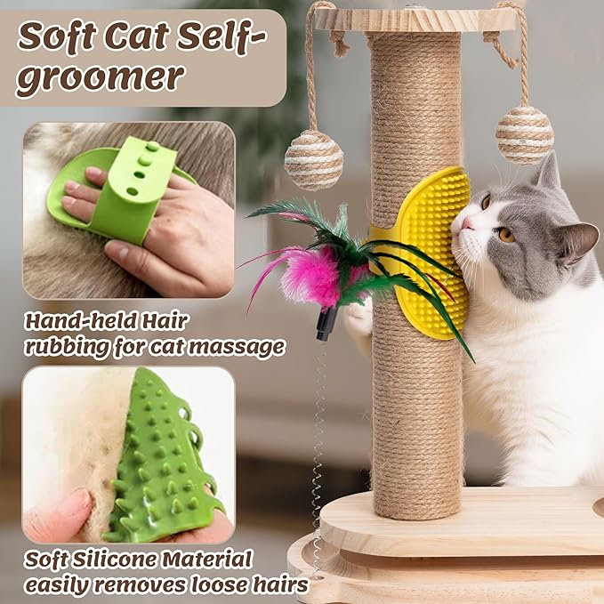 Cat Scratching Post Interactive - 5-in-1 Kitten Scratch Post Self Play Toy, Vertical Scratcher and Self Groomer for Indoor Cats, Small Pet Tree Climbing Tower with Dangling Plush Track Ball
