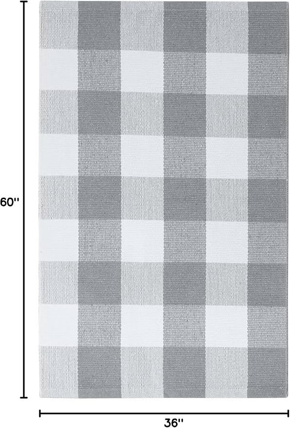 KOZYFLY Buffalo Plaid Area Rugs 3x5 Ft Gray and White Checkered Rug Washable Front Door Mat Hand Woven Cotton Outdoor Rug Large Rug for Front Porch Kitchen Entryway Patio Bathroom