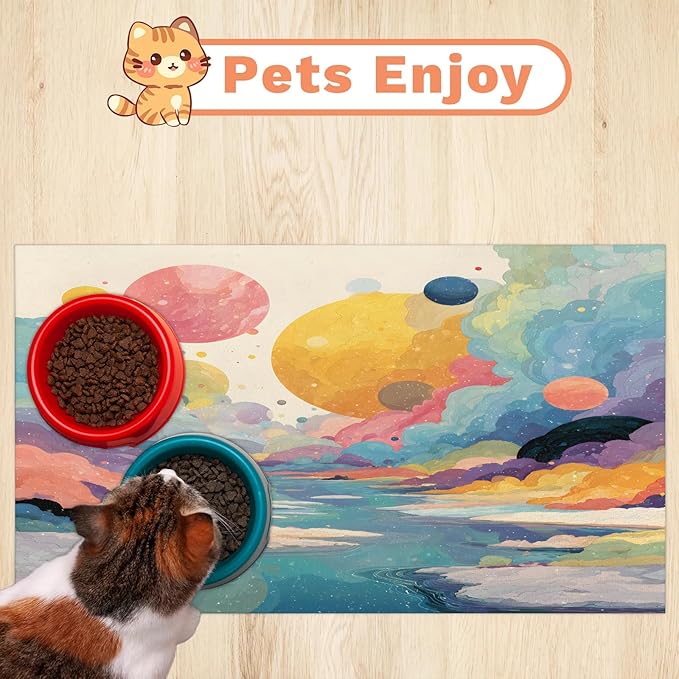 Colorful Mountain Dog Food Mat for Floors Absorbent, Quick Dry Water Dispenser Mat for Food, Water, Pet Supplies 17" x 30", Polka Dots