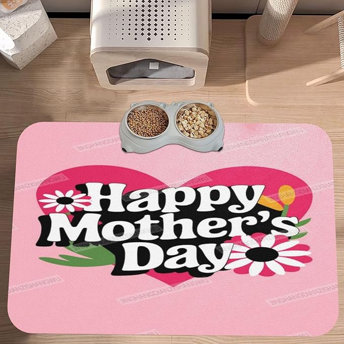 Pet Feeding Mats with Residue Collection Happy Mother's Day Floral Gift for Mom Gt Waterproof Dog Cat Bowl Mat 24x16In with Prevent Water Food Spills