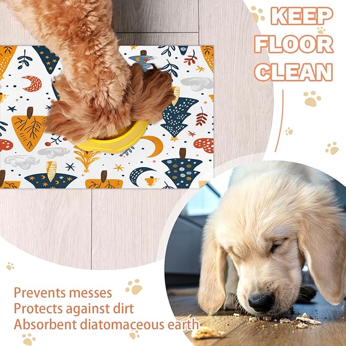 Christmas Tree Dog Food Mat for Floors Absorbent, Quick Dry Water Dispenser Mat for Food, Water, Pet Supplies 17" x 30", Flower