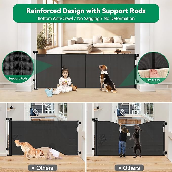 Reinforced 85" Wide Retractable Baby Gates Extra Wide Retractable Dog Gate with Support Rods – Prevent Crawling Under, Indoor Wide Baby Gate Outdoor Retractable Gate, Puppy Gates for The House, Black