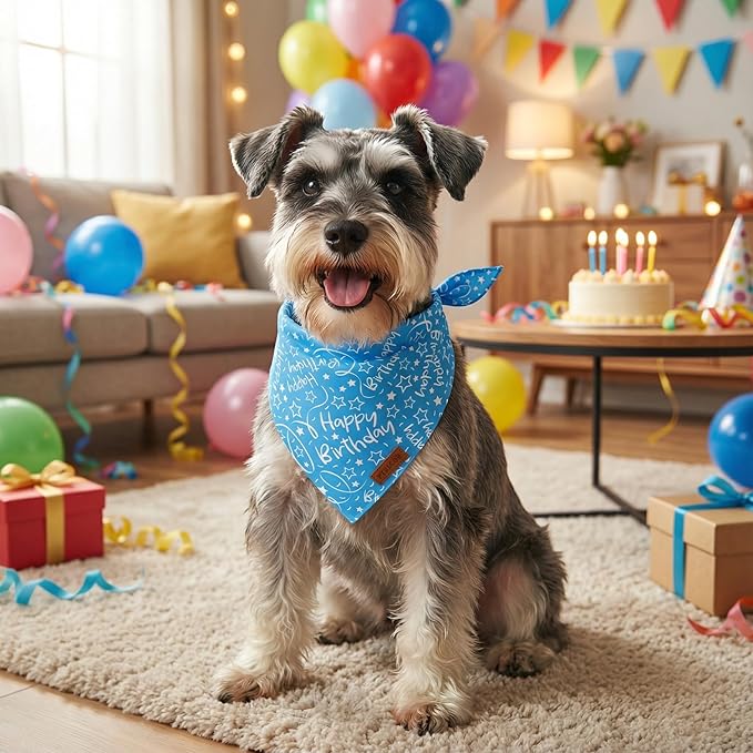 PTDECOR Happy Birthday Dog Bandana, Premium Durable Fabric, Triangle Scarf for Dog Birthday Party Supplies, Blue Pet Bandana for Small Dogs Pets (Small)