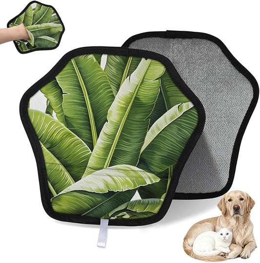 Tropical Banana Leaves Electrostatic Pet Hair Removal Glove for Cats & Dogs - Reusable Grooming Mitt for Couch, Carpet, Car Seat & Laundry - Large 9x9 Inch