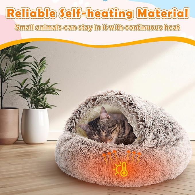 2 Pcs Self Warming Cat Beds with Hood, Self Heating Dog Cave Bed, Fluffy Round Covered Pet Pad, Plush Hooded Pet Beds with Non-Slip Bottom for Indoor Cat or Small Middle Dog(Coffee,24 in)