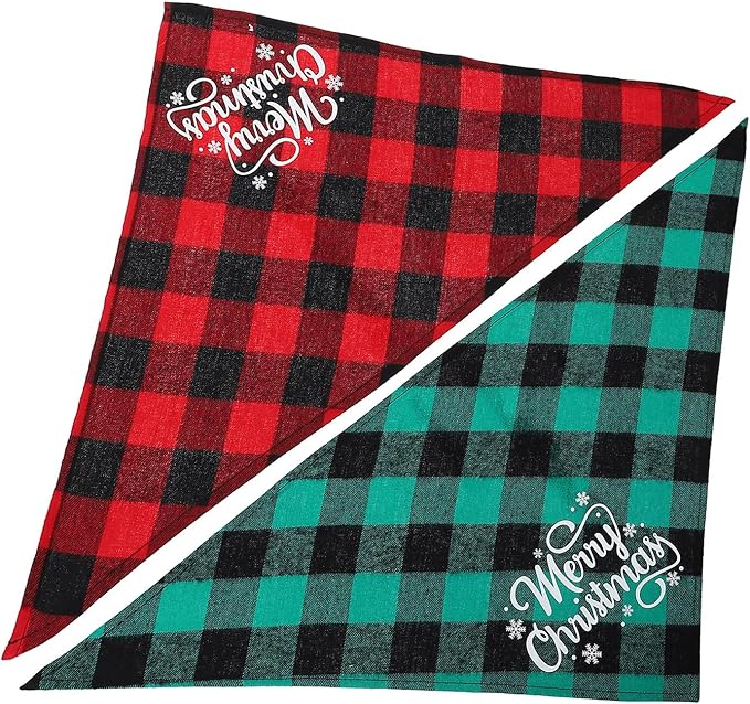 Kichvoe 2pcs Dog Christmas Scarves Plaid Triangle Bibs Double-Sided Cotton Pet Bandanas for Holiday Supplies and Festive Dog Apparel