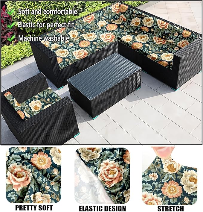 HANDONTIME 8Pcs Outdoor Patio Cushion Covers Pink Peony Stretch Couch Cushion Cover Patio Couch Slipcover for Outdoor/Indoor Washable Non-Slip Furniture Protector for Pet (Navy, Cover Only)