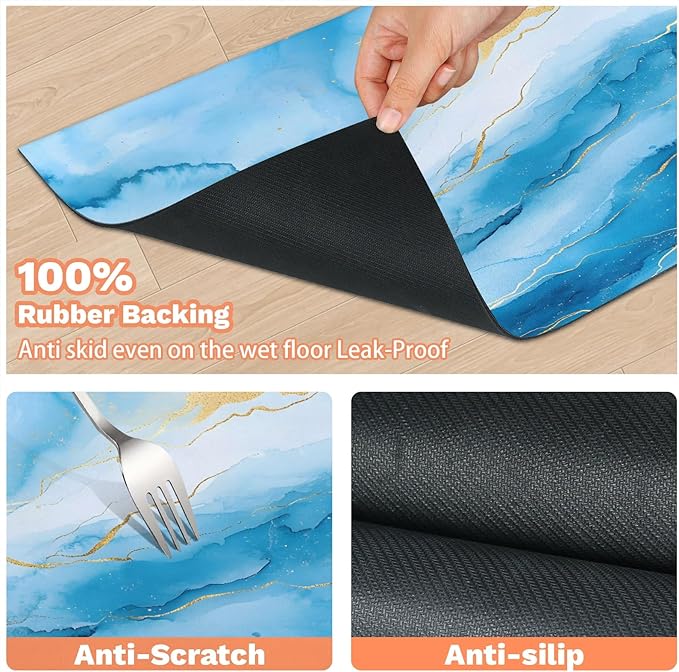 Marble Dog Food Mat for Floors Absorbent, Quick Dry Water Dispenser Mat for Food, Water, Pet Supplies 12" x 20", Blue Gold Marble