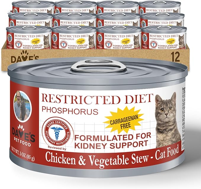 Dave's Pet Food Cat Kidney Support (Chicken & Vegetable Stew) - Low Phosphorus & Low Protein Wet Canned Cat Food for Renal Health - No Prescription Needed - 3 oz (Case of 12)