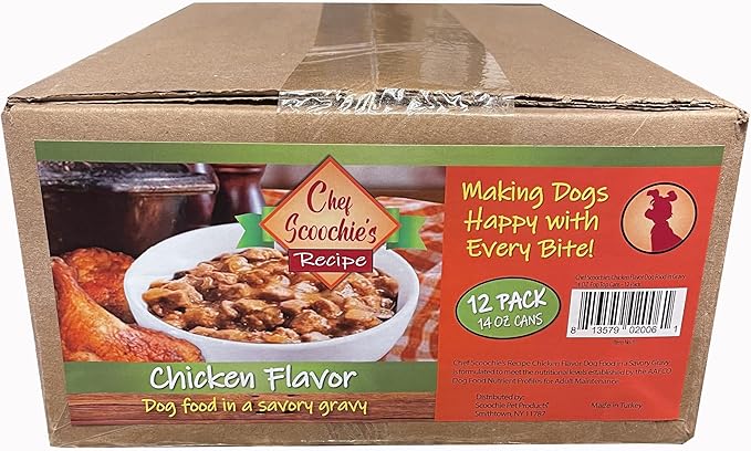 Scoochie Pet Products Chef Scoochie's Chicken Dog Food in Rich Gravy Natural Wet Food - Easy Open Pop-Top Cans for Grown Dogs - Complete Meal or Food Topper 12 Cans (14 oz e.)