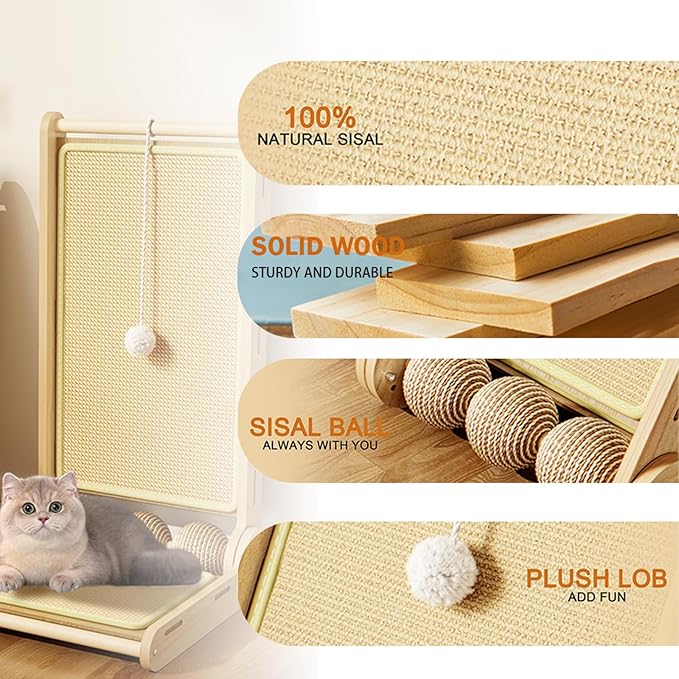 Sisal Cat Scratcher L Shaped for Indoor Cats,23.6in Cats Scratching Post Climbing Vertical Ramp Scratching Board for Wall,Natural Sisal Cat Scratch Pad,Solid Wooden Modern Cat Furniture