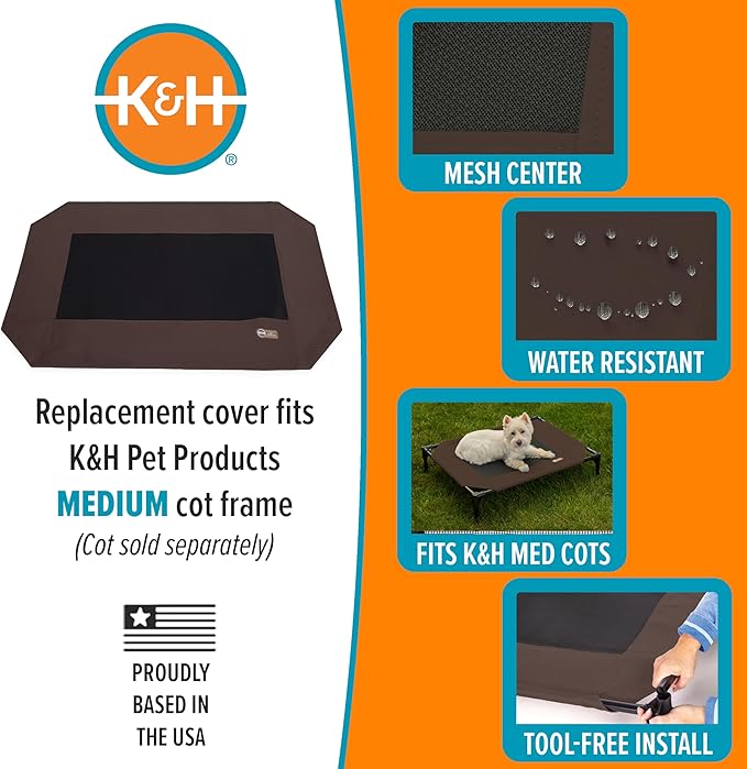K&H Pet Products Dog Cot Replacement Cover, Designed to fit K&H Medium Pet Cots (Sold Separately), Indoor Outdoor, Breathable Cooling Mesh Center, Machine Washable - Medium 32 X 25in Chocolate