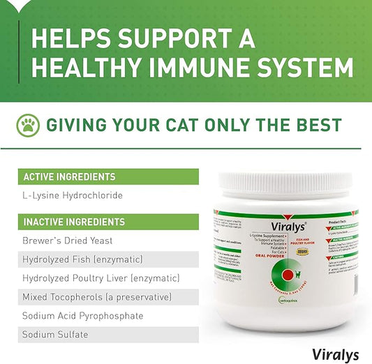 Vetoquinol Viralys Daily L-Lysine Powder for Cats and Kittens, Fish Flavored Lysine Supplement for Cats and Kittens to Support Immune Health, Normal Eye Function and Respiratory Health, 100gm