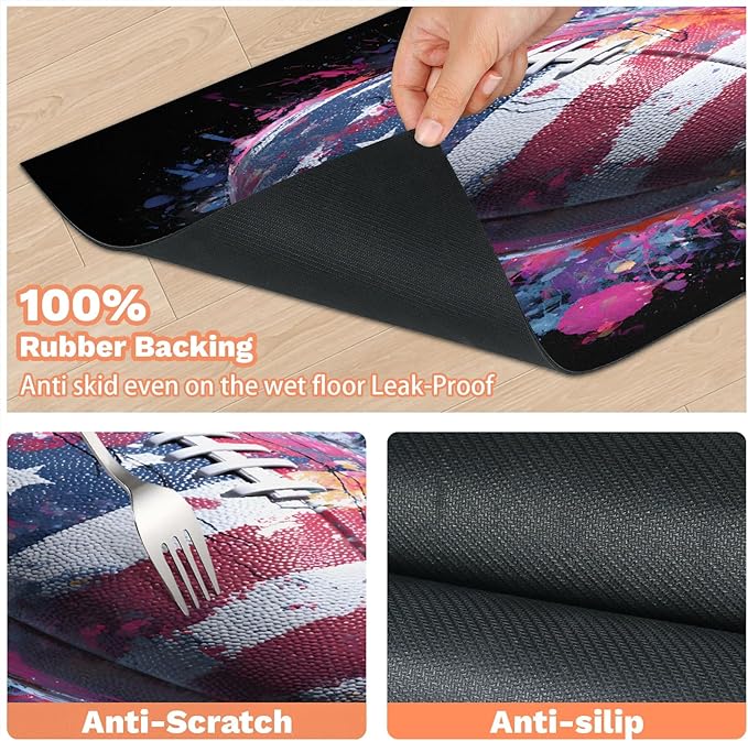 Rugby American Flag Dog Food Mat for Floors Absorbent, Quick Dry Water Dispenser Mat for Food, Water, Pet Supplies 12" x 20", 4th of July