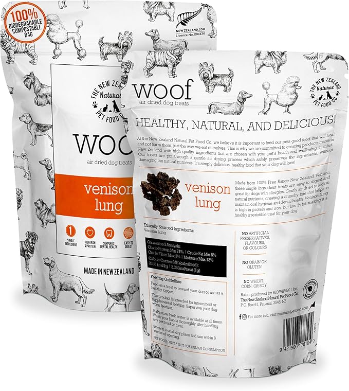 The New Zealand Natural Pet Food Co WOOF Air Dried Dog Treats - Venison Lung, Treats for Large Dogs, Natural, Topper - 1.76 oz