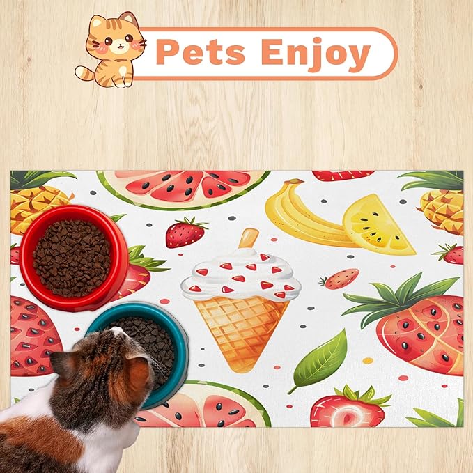 Ice Cream Dog Food Mat for Floors Absorbent Dog Bowl Mat for Food and Water Dispenser Quick Dry Cat Food Placemat Pet Supplies 16" x 24", Strawberry