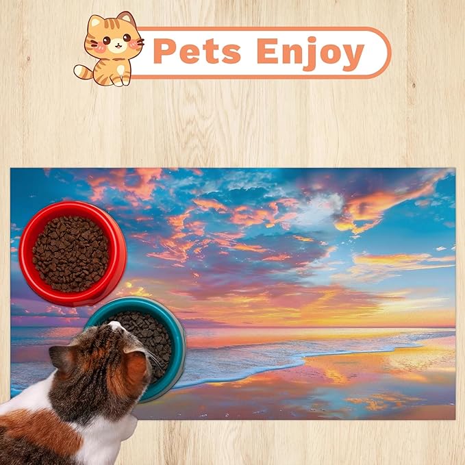 Hawaiian Beach Themed Dog Food Mat for Floors Absorbent, Quick Dry Water Dispenser Mat for Food, Water, Pet Supplies 24" x 32",