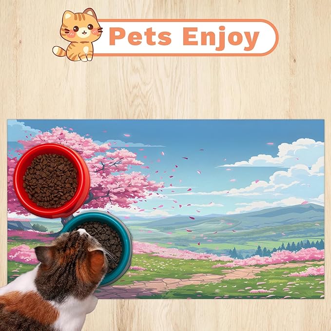Pink Floral Dog Food Mat for Floors Absorbent, Quick Dry Water Dispenser Mat for Food, Water, Pet Supplies 16" x 24", Spring Tree