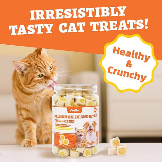 Wellix Salmon Oil Freeze Dried Treats for Cats&Dogs - Skin&Coat Chews with Taurine,Omega 3 for Cat - Crunchy Healthy Snacks for Indoor Training - Chicken&Fish Oil Flavor 3.53oz