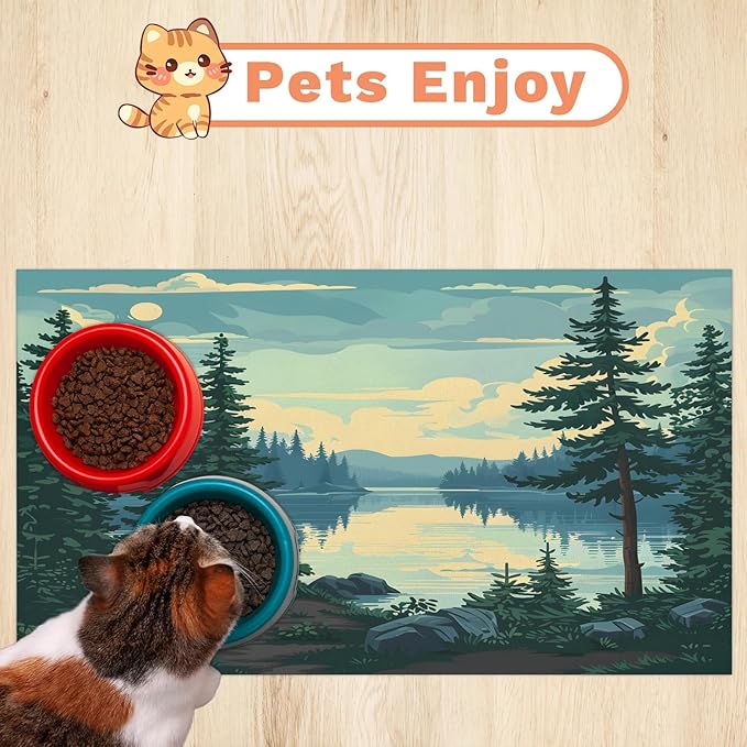 Mountain River Dog Food Mat for Floors Absorbent, Quick Dry Water Dispenser Mat for Food, Water, Pet Supplies 16" x 24", Nature Scenery