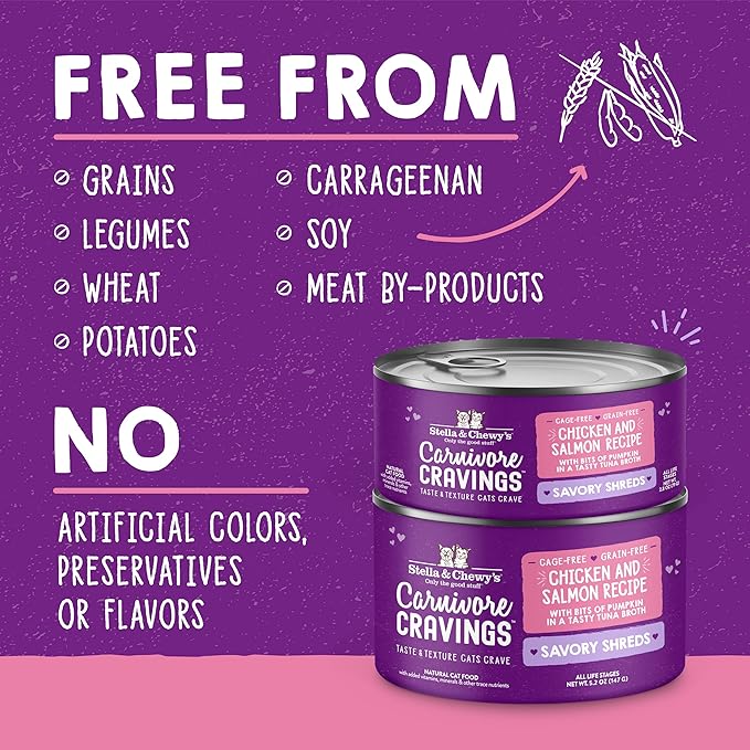Stella & Chewy's Carnivore Cravings Savory Shreds Cans – Grain Free, Protein Rich Wet Cat Food – Cage-Free Chicken & Wild-Caught Salmon Recipe – (5.2 Ounce Cans, Case of 24)